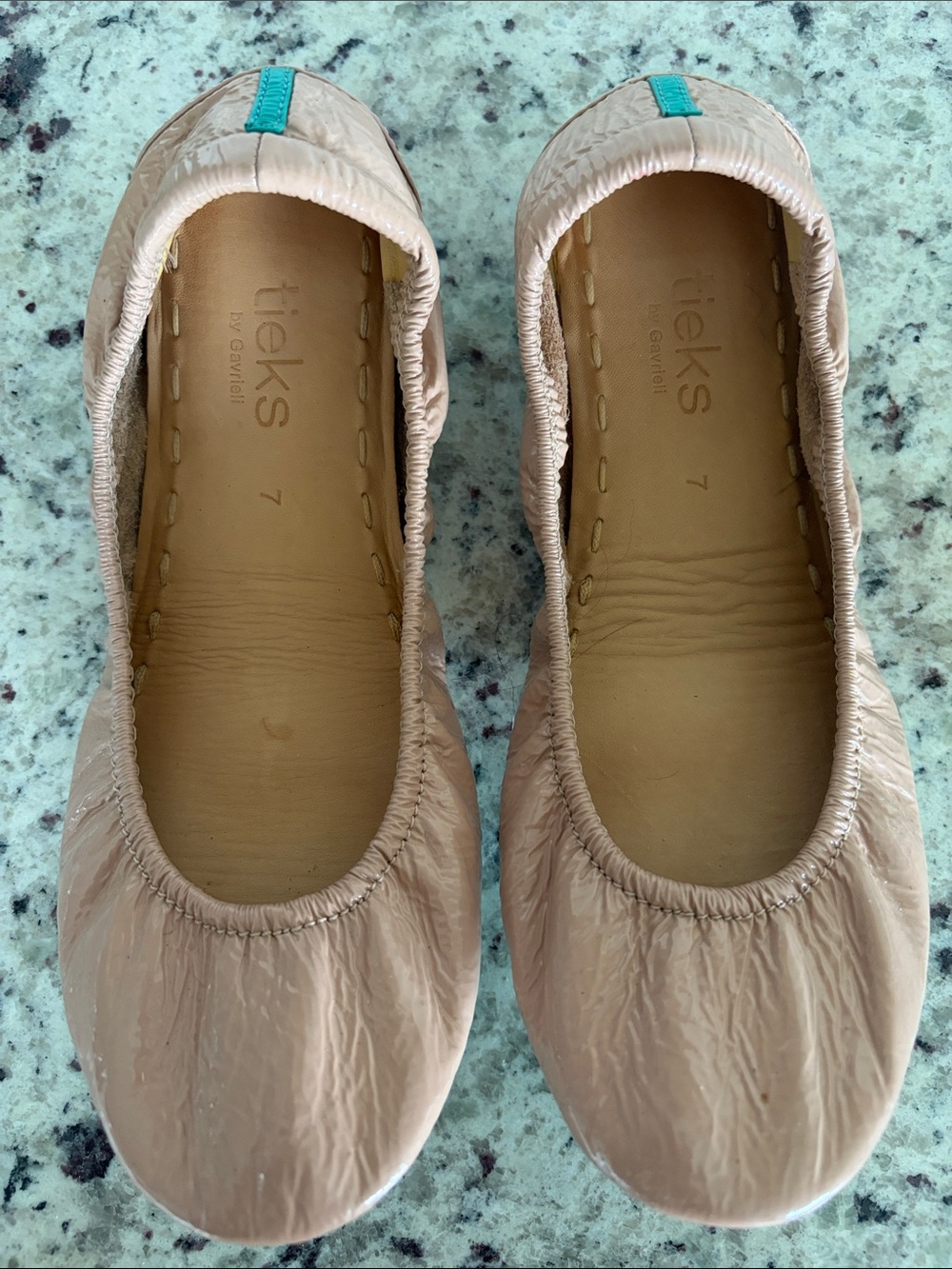 Tieks Women's Ballet Flat - Beige with Teal Tab